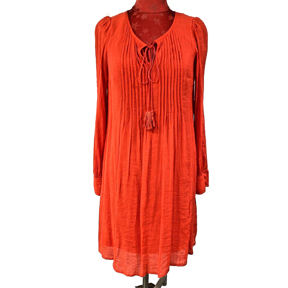 AGB Red Boho Peasant Dress Long Sleeve Size 8 Crinkle Tassel Tie Neck Flowing